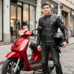 Jeune homme en veste de moto debout à côté d'un scooter 125cc rouge garé sur un trottoir urbain