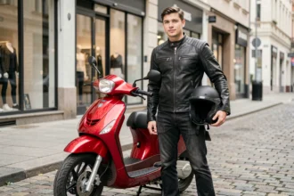 Jeune homme en veste de moto debout à côté d'un scooter 125cc rouge garé sur un trottoir urbain
