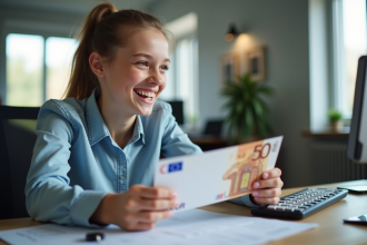 Jeune recevant un enveloppe avec 500 euros à l'école de conduite
