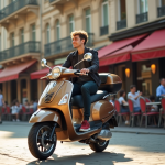 Jeune adulte sur scooter 50cc à Paris en journée ensoleillée