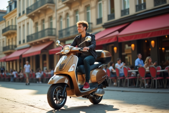 Jeune adulte sur scooter 50cc à Paris en journée ensoleillée