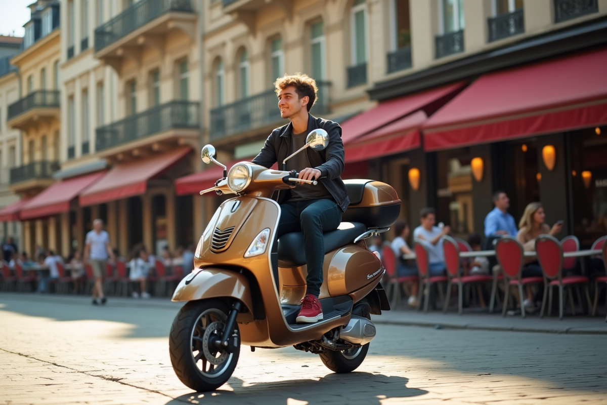 Jeune adulte sur scooter 50cc à Paris en journée ensoleillée