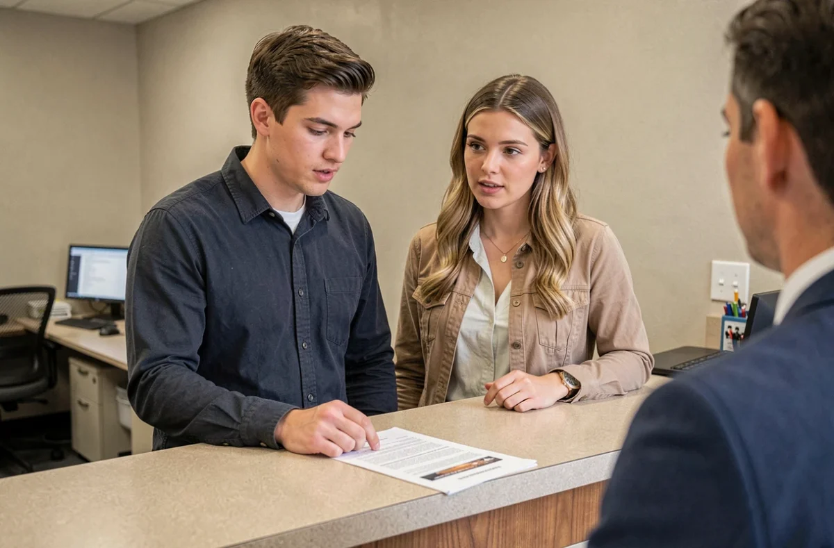 Deux jeunes conducteurs en discussion avec un conseiller en assurance dans une agence, documents d'assurance sur le comptoir