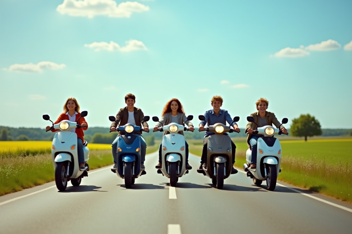 Groupe d adolescents roulant en 125cc en campagne ensoleillée