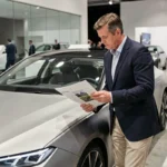Journaliste automobile analysant les nouveautés auto 2026 dans un salon automobile moderne