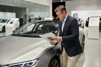 Journaliste automobile analysant les nouveautés auto 2026 dans un salon automobile moderne