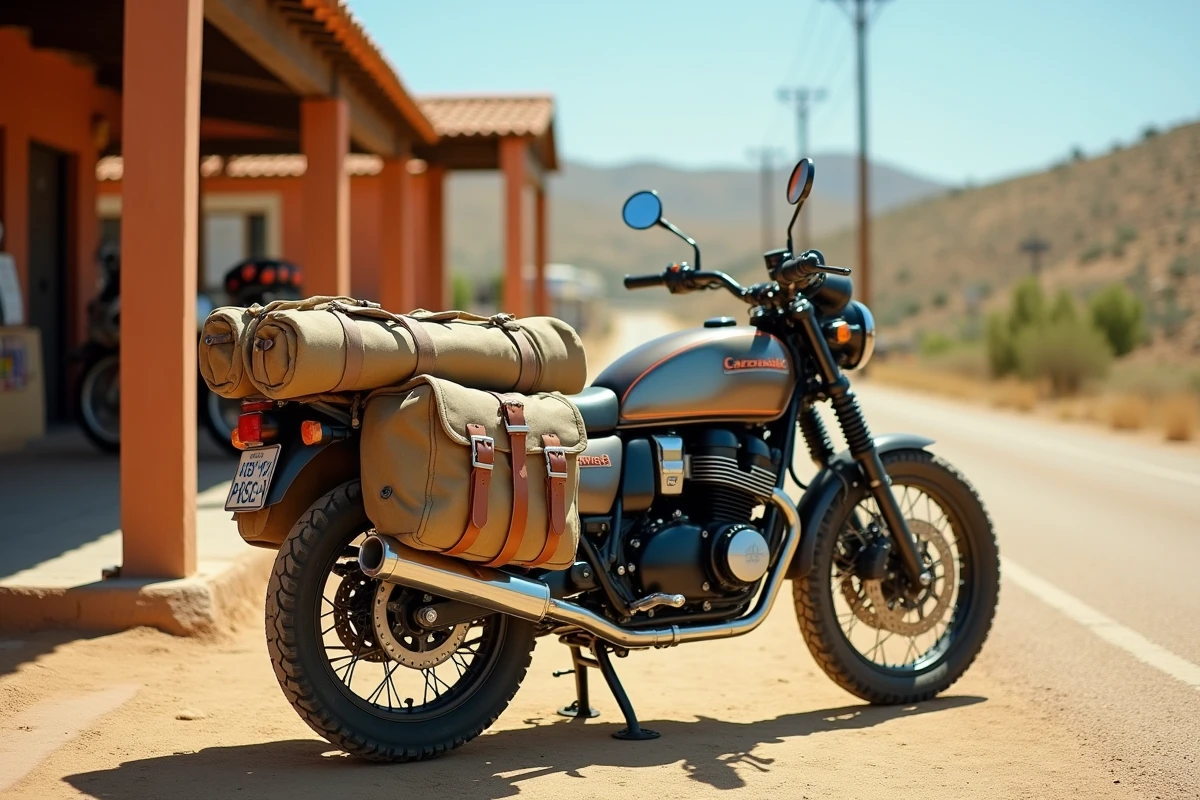 Kawasaki KZ400J chargée de sacoches pour un road-trip, garée dans une station-service en Europe du Sud avec paysage de collines dorées