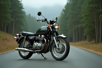 Kawasaki KZ400J vintage garée sur une route de campagne avec un fond de forêt de pins et de montagnes brumeuses, ambiance road-trip