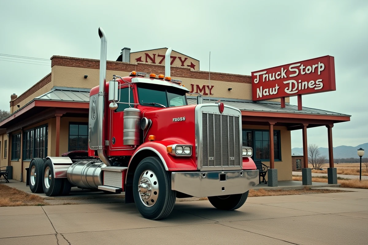 Camion Kenworth W900A devant un diner rétro des années 70