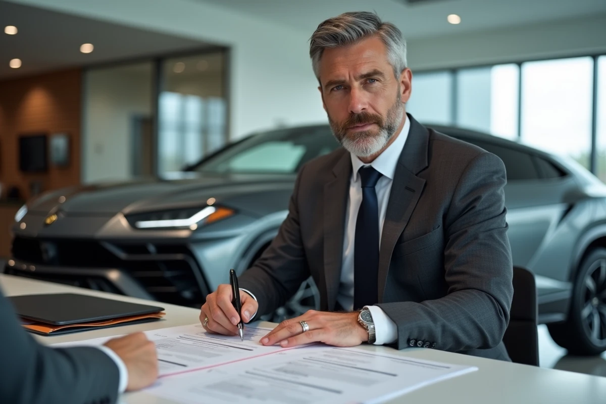 Homme en costume signant des documents d'achat d'un Lamborghini Urus 2026 dans une concession, avec dossiers d'assurance et de budget sur le bureau