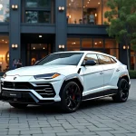 Lamborghini Urus 2026 en blanc nacré garé devant une architecture moderne en verre, vue trois quarts avant en contexte urbain luxueux