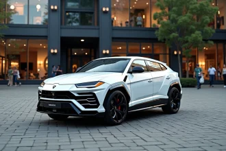 Lamborghini Urus 2026 en blanc nacré garé devant une architecture moderne en verre, vue trois quarts avant en contexte urbain luxueux