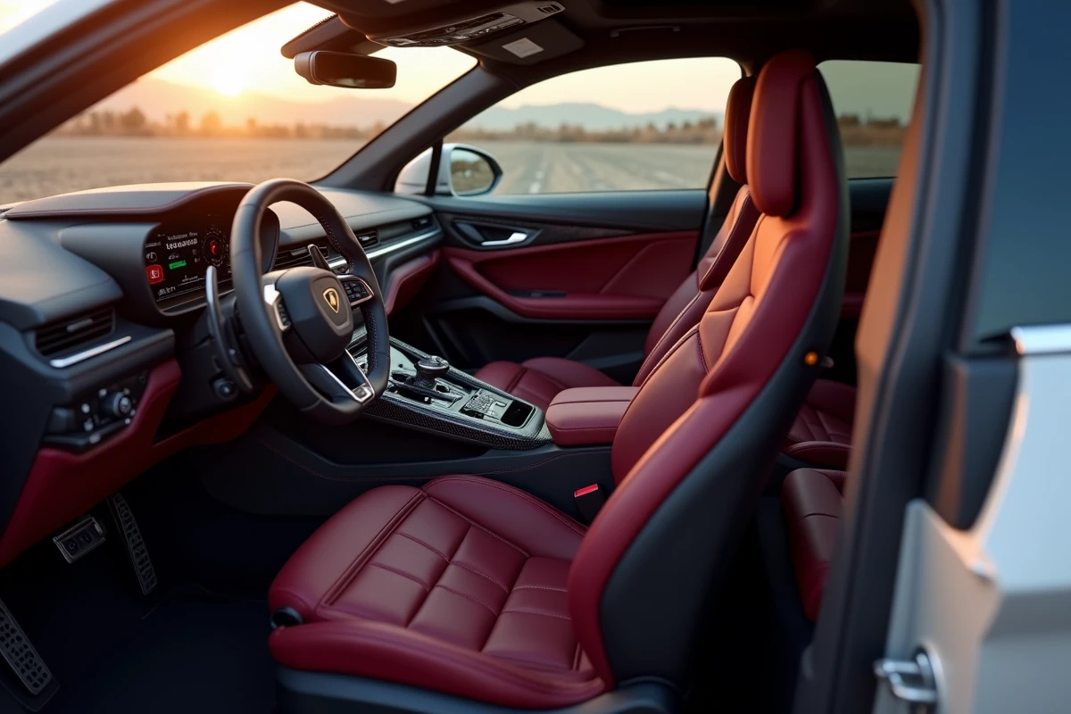 Intérieur luxueux du Lamborghini Urus 2026 avec sellerie en cuir bordeaux, console centrale et écran tactile de configuration de prix affiché