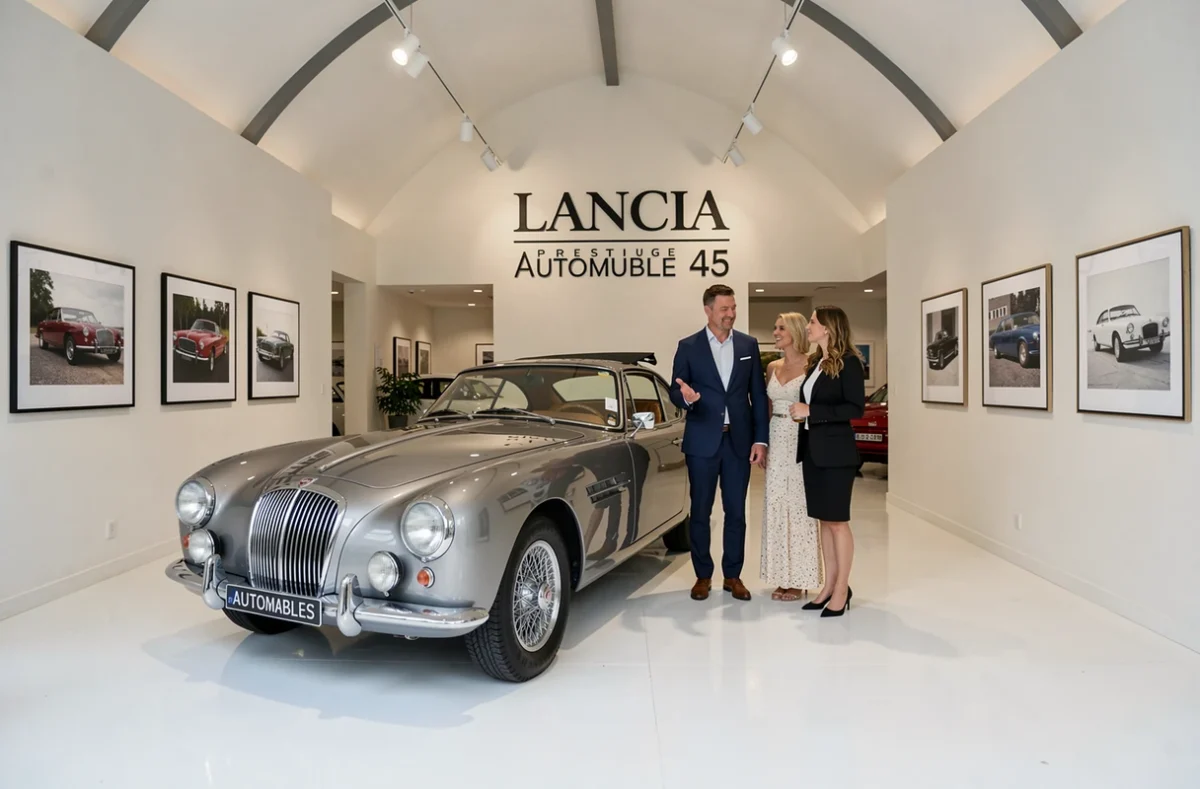 Showroom intérieur de Lancia Prestige Automobiles 45 avec un véhicule de luxe et un conseiller présentant à des clients