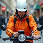 Livreur en scooter électrique fixant un traceur GPS sur le guidon dans une rue urbaine animée