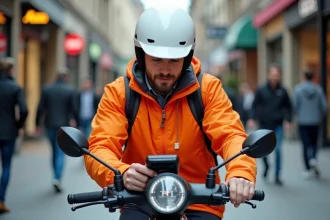 Livreur en scooter électrique fixant un traceur GPS sur le guidon dans une rue urbaine animée