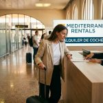 Femme récupérant les clés d'une voiture de location au comptoir d'un aéroport