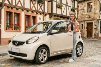 Femme tenant des clés devant une voiture sans permis garée dans une rue pavée du centre historique de Bayonne