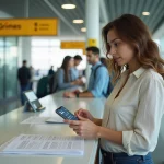 Femme consultant son smartphone avec un convertisseur miles en km lors de la location d'une voiture à l'aéroport aux États-Unis