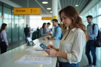 Femme consultant son smartphone avec un convertisseur miles en km lors de la location d'une voiture à l'aéroport aux États-Unis