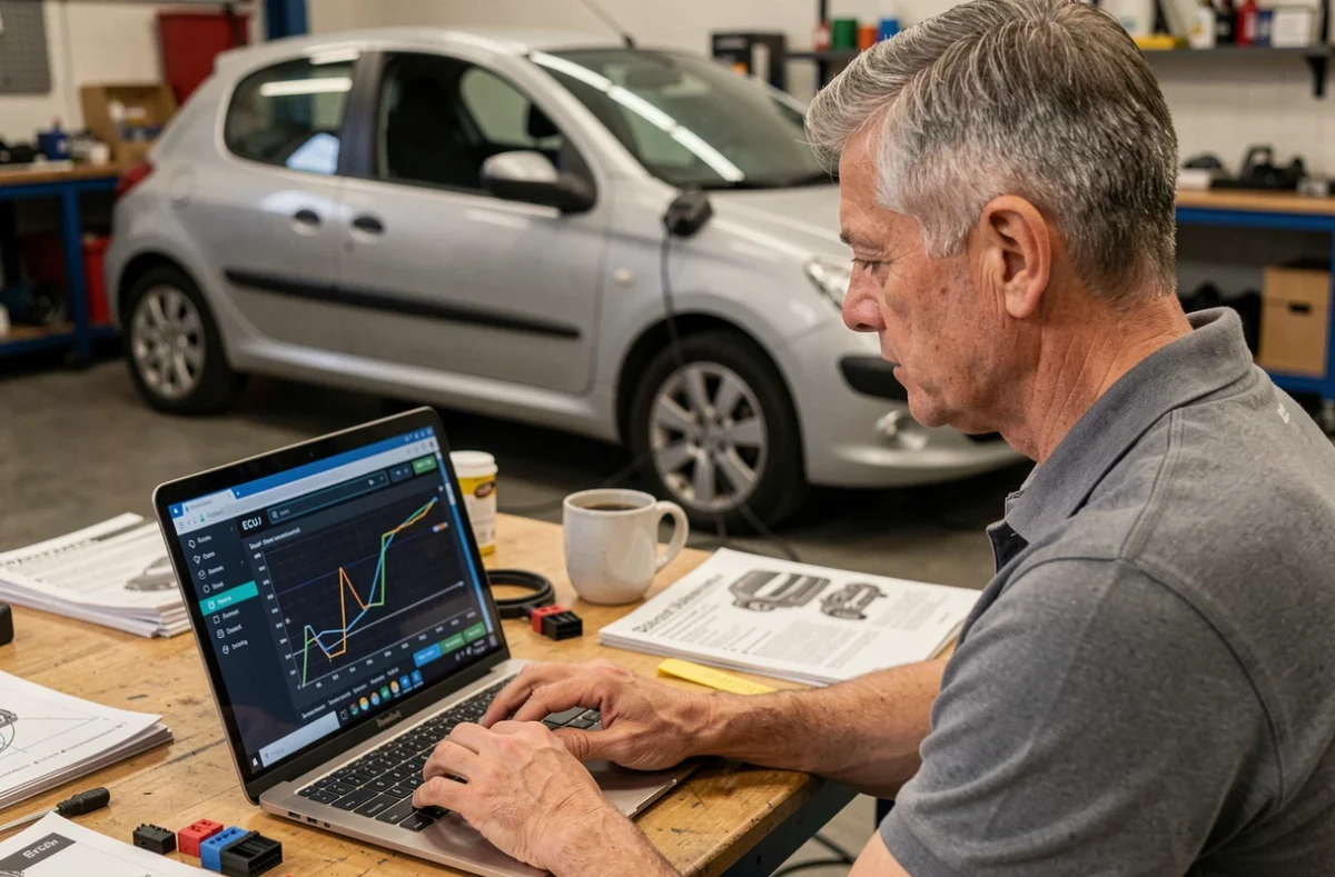 Technicien analysant les cartographies moteur sur un logiciel de reprogrammation ECU pour une Peugeot 206