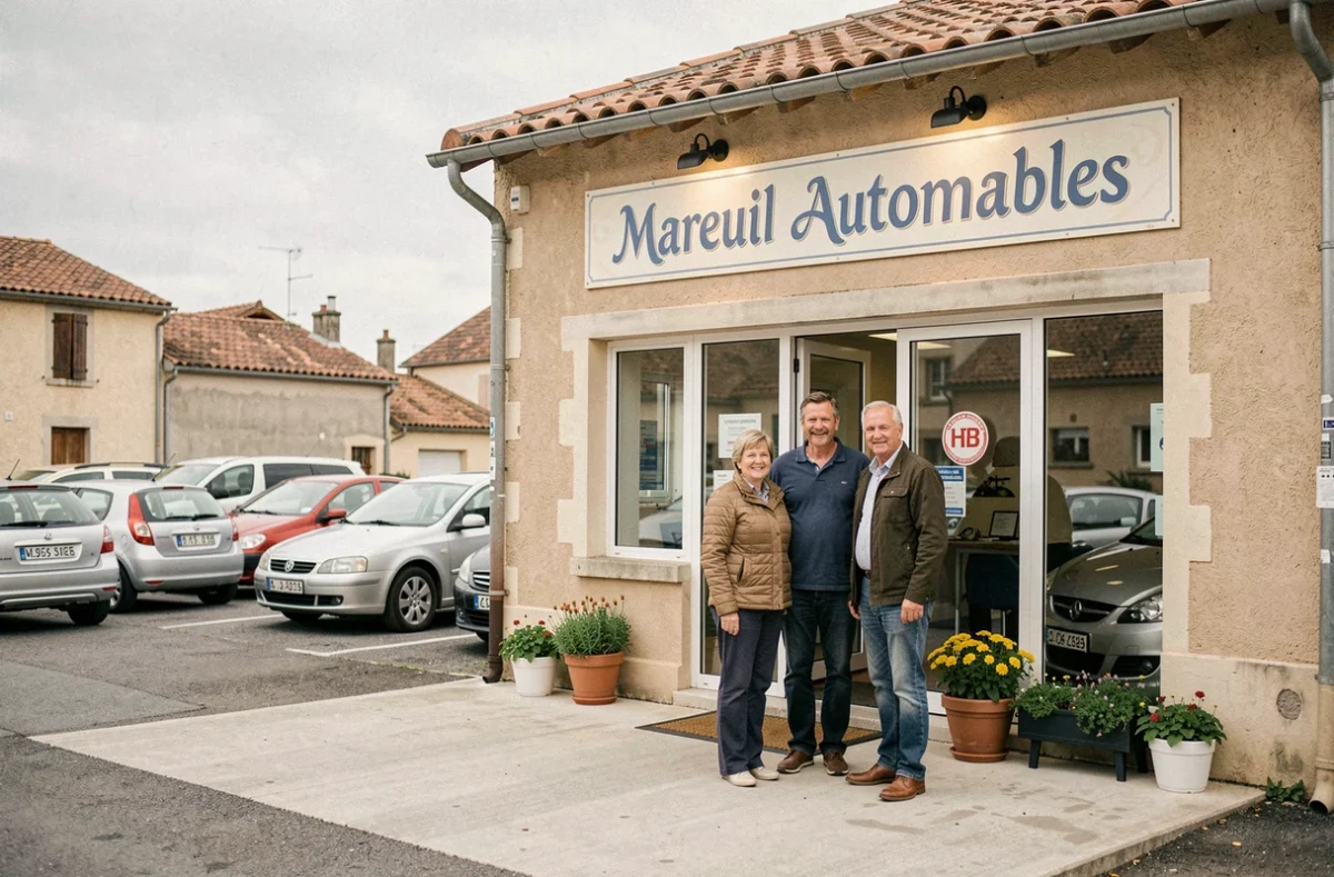 Façade conviviale du concessionnaire Mareuil Automobiles avec les propriétaires devant leur sélection de véhicules
