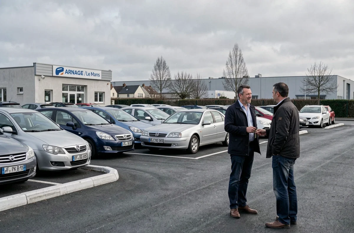 Parvis extérieur de Master Car's à Arnage avec un commercial tenant des clés de voiture et un client examinant une berline d'occasion