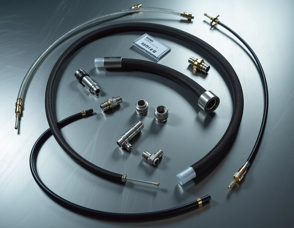 Vue à plat des matériaux de durite aviation frein : PTFE, tresse métallique et raccords hydrauliques AN