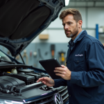 Mécanicien homme inspectant un moteur Volkswagen dans un atelier