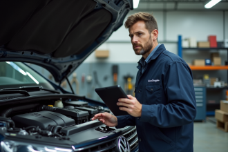 Mécanicien homme inspectant un moteur Volkswagen dans un atelier