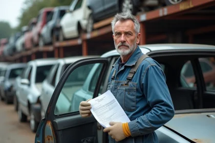 Mécanicien en combinaison bleue tenant les papiers de carte grise devant une voiture accidentée dans une casse auto en Essonne