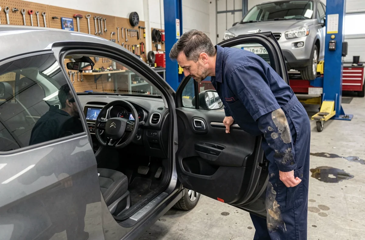 Mécanicien inspectant le tableau de bord d'une Citroën C3 en atelier après une révision pour identifier un voyant allumé