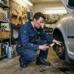 Mécanicien amateur inspectant le frein d'une vieille Volkswagen Golf dans un garage de particulier avec des pièces auto sur des étagères