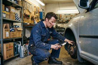 Mécanicien amateur inspectant le frein d'une vieille Volkswagen Golf dans un garage de particulier avec des pièces auto sur des étagères