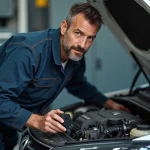 Mécanicien inspectant le moteur 1.6 TDI 105 d'une Volkswagen dans un garage professionnel