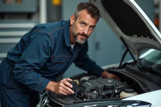 Mécanicien inspectant le moteur 1.6 TDI 105 d'une Volkswagen dans un garage professionnel