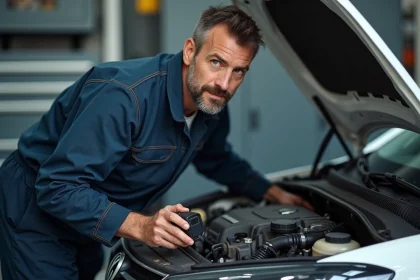 Mécanicien inspectant le moteur 1.6 TDI 105 d'une Volkswagen dans un garage professionnel