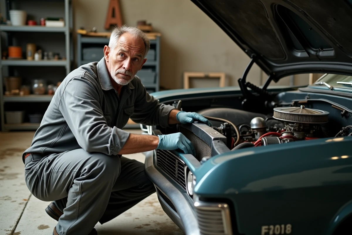 Mécanicien inspectant le moteur V8 d'une Chevrolet Impala 1967 dans un garage, check-list avant essai routier