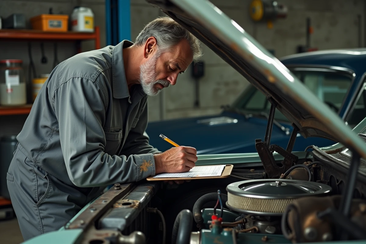 Un mécanicien expérimenté inspecte le compartiment moteur d'une Chevrolet Impala 1967 dans un garage indépendant, offrant une évaluation professionnelle avant achat de la voiture classique.
