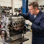 Mécanicien professionnel inspectant un moteur Nissan d'occasion sur établi dans un garage automobile