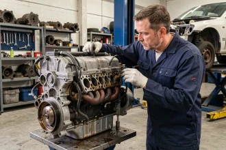 Mécanicien professionnel inspectant un moteur Nissan d'occasion sur établi dans un garage automobile