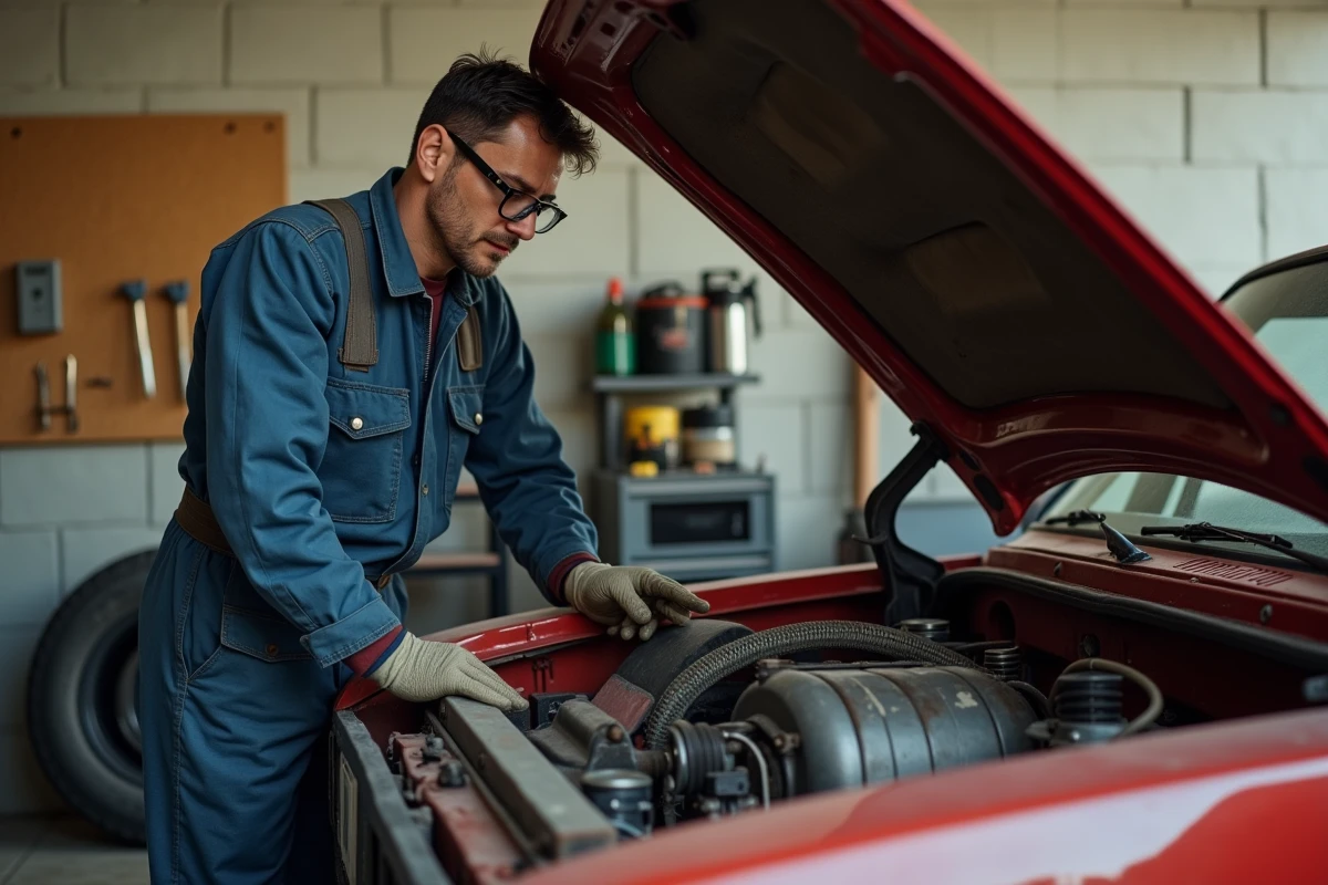 Mécanicien amateur inspectant le compartiment moteur d'une voiture de rallye d'occasion dans un garage privé modeste