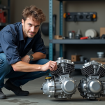 Mécanicien jeune inspectant deux moteurs Dax 125cc en atelier