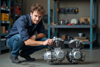 Mécanicien jeune inspectant deux moteurs Dax 125cc en atelier