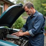 Mécanicien homme inspectant un moteur vintage en extérieur