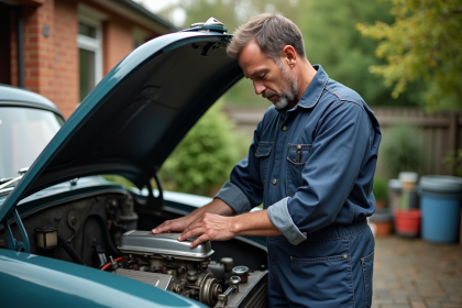 Mécanicien homme inspectant un moteur vintage en extérieur