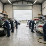Vue d'ensemble d'un atelier de carrosserie professionnel dans le Nord avec plusieurs véhicules en cours de réparation