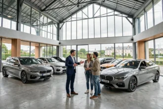 Vue panoramique d'une salle d'exposition automobile moderne dans les Pays de la Loire, avec plusieurs véhicules de marques différentes et des conseillers accueillant des clients