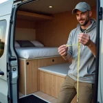 Homme mesurant l’intérieur d’un van Renault Trafic avec un mètre