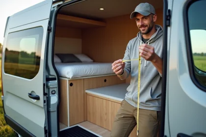 Homme mesurant l’intérieur d’un van Renault Trafic avec un mètre